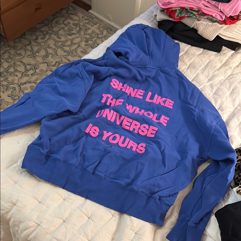 Blue Hoodie with Pink Text
